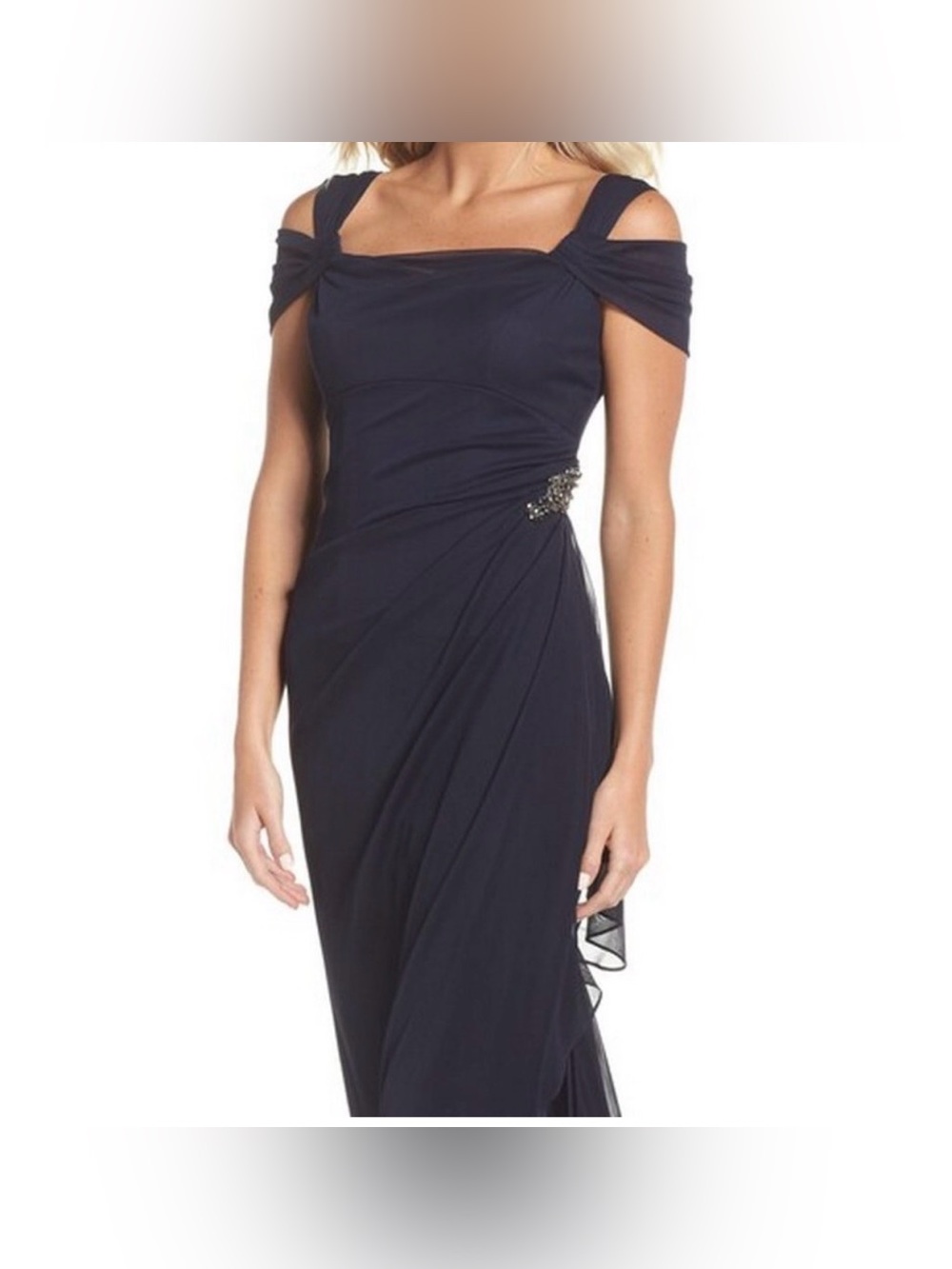 ALEX EVENINGS Embellished Navy Blue Cold Shoulder Column Gown - Picture 2 of 16
